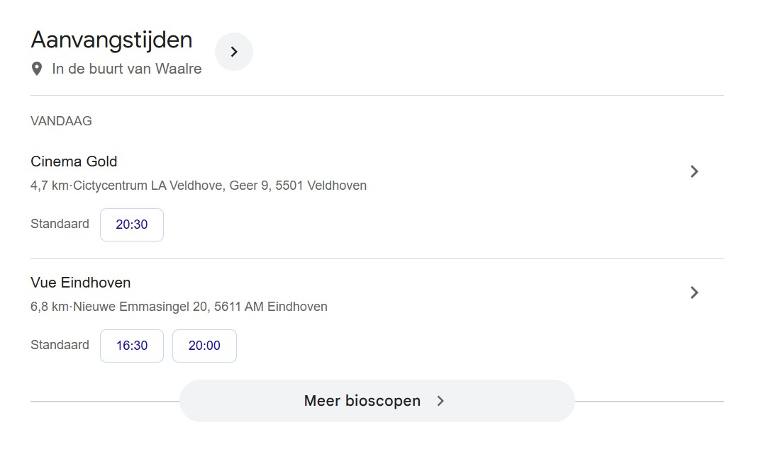 Een voorbeeld van een event snippet die laat zien welke film in de bioscoop draait