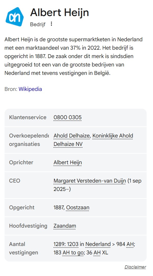 Een voorbeeld van een Knowledge Panel op Google van Albert Heijn