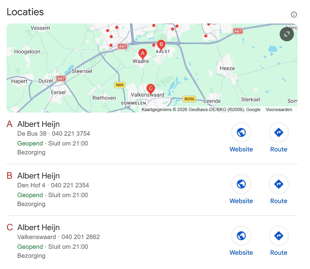 Een voorbeeld van een Local Pack op Google van Albert Heijns in de regio Waalre