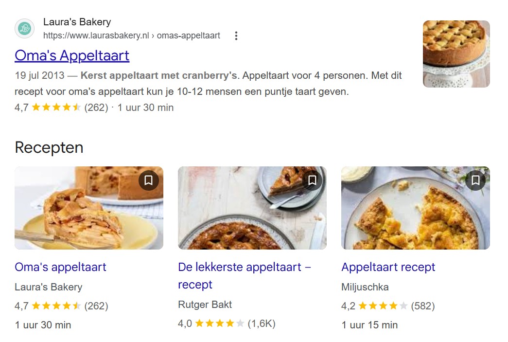 Een voorbeel van een recept snippet over appeltaart